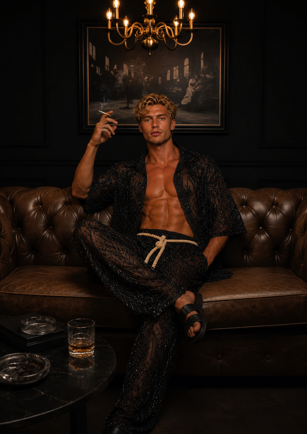 Midnight Noir Lace Set – Luxury Men’s Shirt & Pants