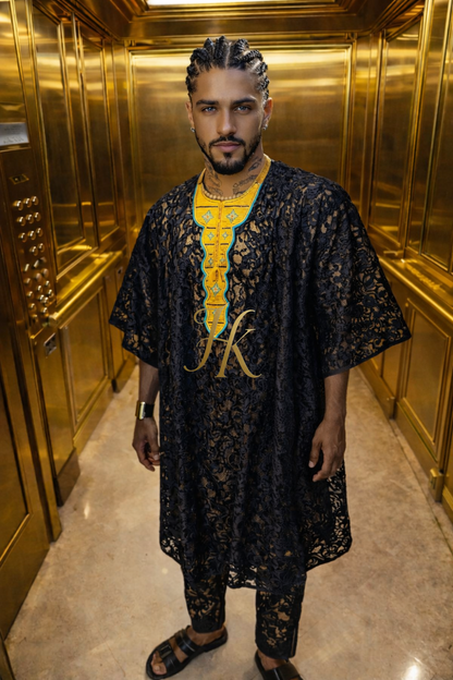 Yoruba Majesty: 2 Piece Men's African Dress Set in Regal Black