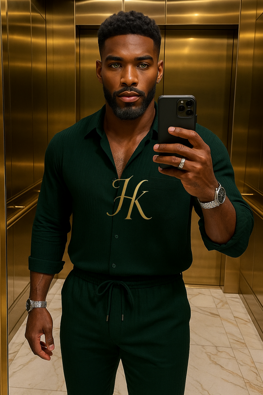 Green Men’s Two-Piece Shirt & Pants Set – Single-Breasted Top with Drawstring Straight Pants