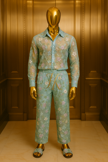Men’s Luxury 3D Floral Lace Set – Colorful Embroidered Tulle Shirt & Pants