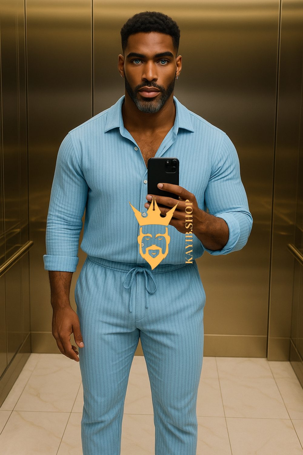 White Men’s Two-Piece Shirt & Pants Set – Single-Breasted Top with Drawstring Straight Pants
