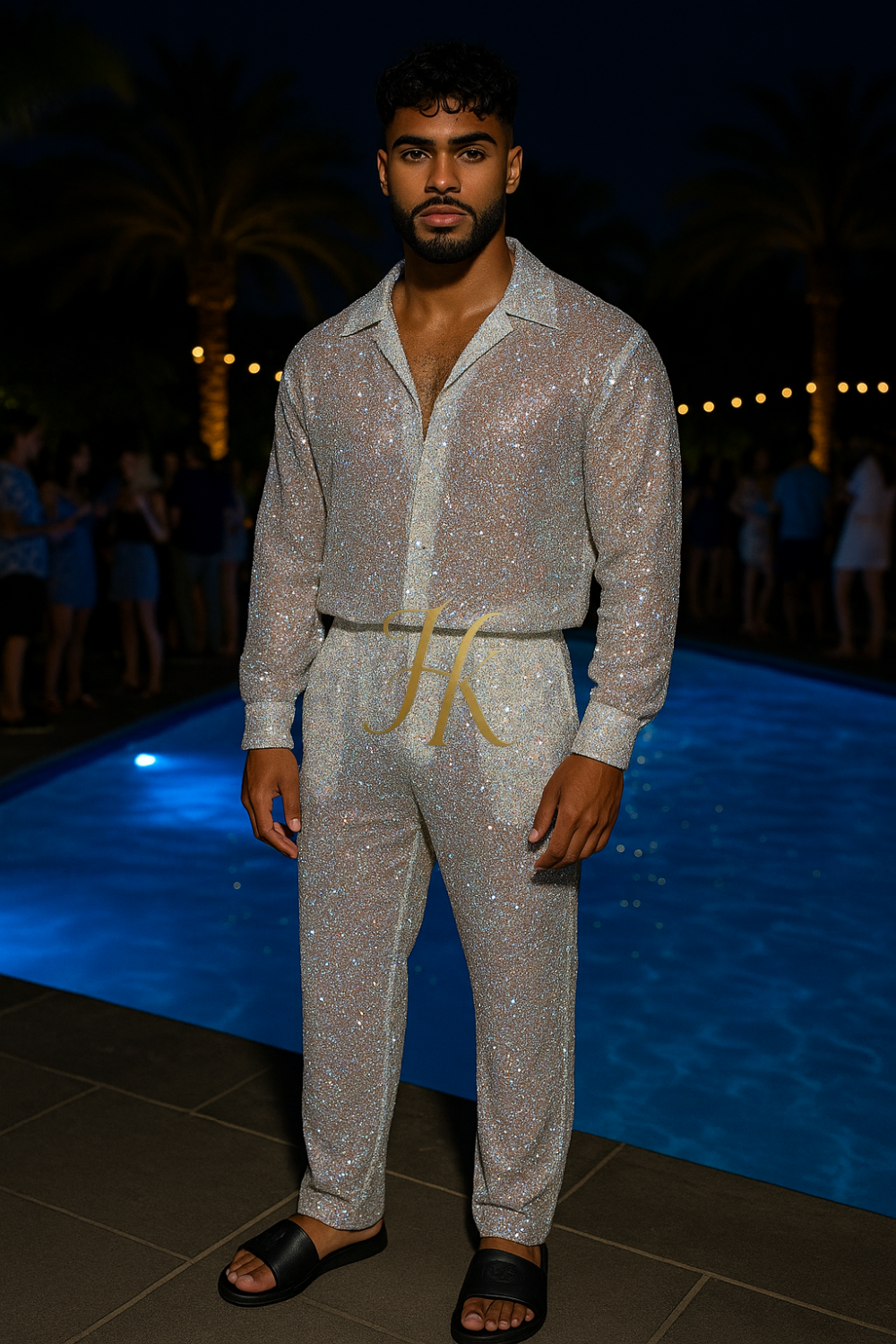 Men’s Luxury Embroidered Lace Set – Handmade Beaded Net Fabric with Sequins (High-End Couture Design)
