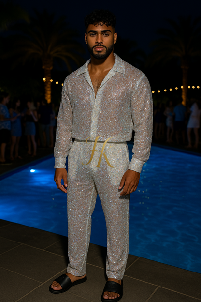 Men’s Luxury Embroidered Lace Set – Handmade Beaded Net Fabric with Sequins (High-End Couture Design)