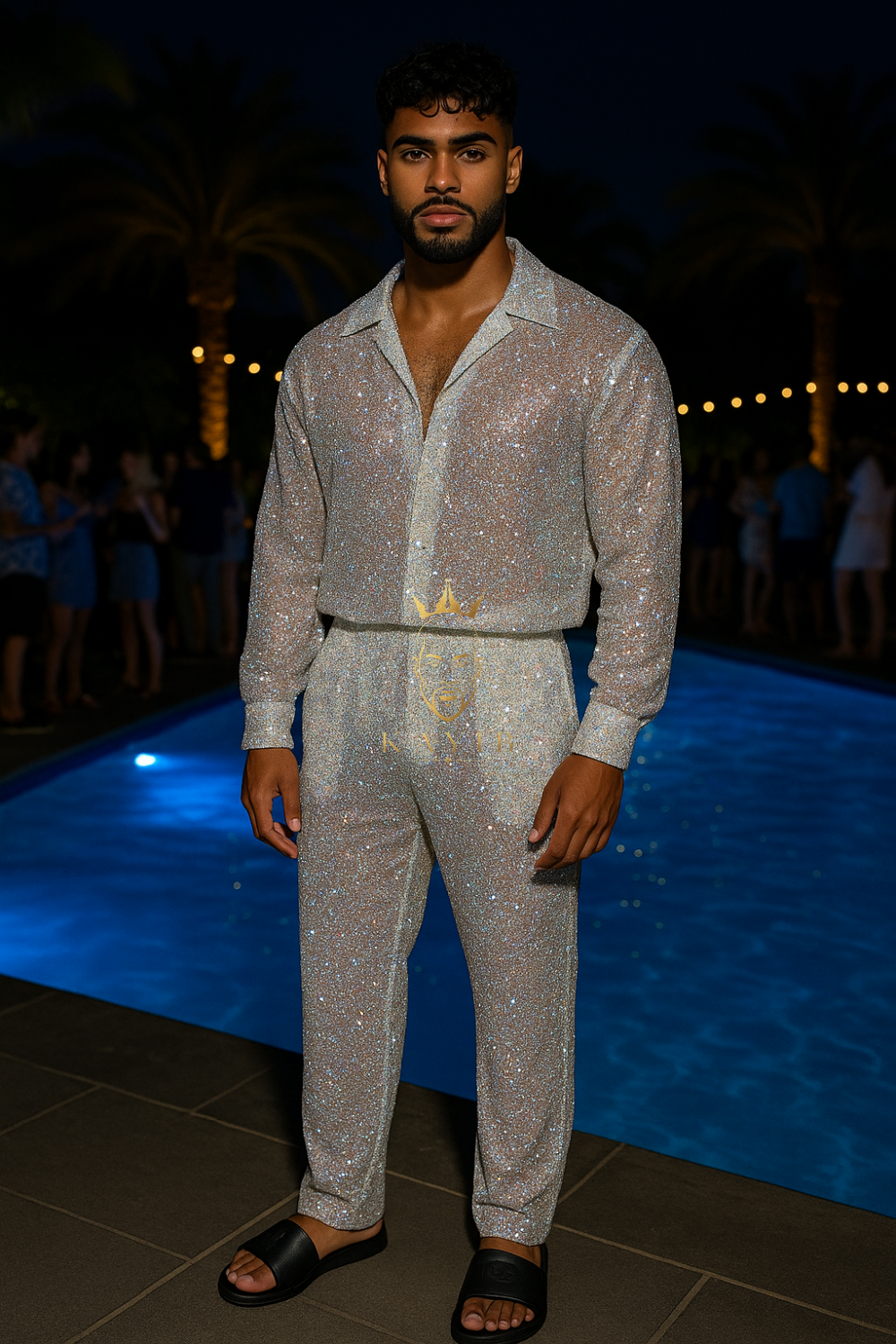 Men’s Luxury Embroidered Lace Set – Handmade Beaded Net Fabric with Sequins