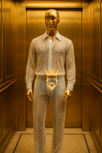 Men’s Luxury Lace Set – French Tulle with Sequins & Beaded Embroidery Shirt and Pants
