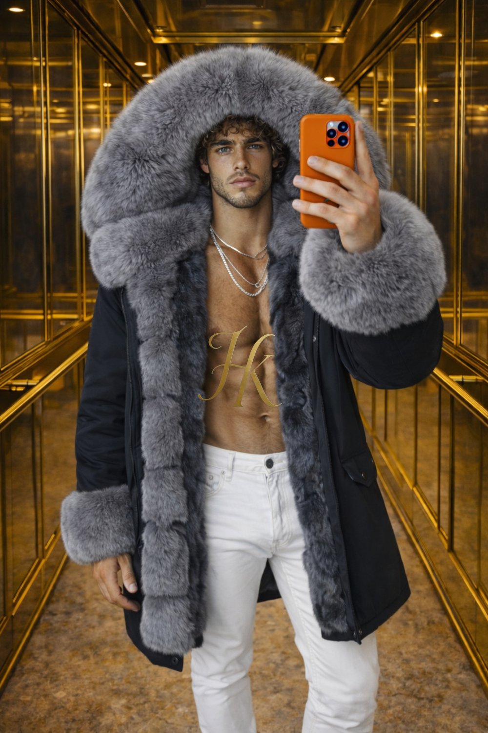 MEN’S LUXURY FOX FUR PARKA – BLACK & GREY EDITION