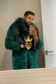 Fashion Winter Men's Rex Rabbit Fur Coat with Super Large Raccoon Collar - Premium Fashion Outerwear - kayibstrore