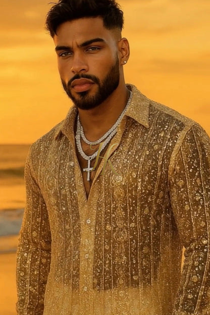 Men’s Luxury Champagne Gold Lace Set – Beaded & Sequined Mesh Embroidered Shirt and Pants