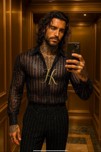 Men’s Premium Lace Set – French Tulle with Sequins & Beaded Embroidery Shirt and Pants
