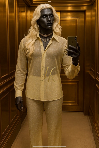 Men’s Luxury Champagne Gold Lace Set – Beaded & Sequined Mesh Embroidered Shirt and Pants