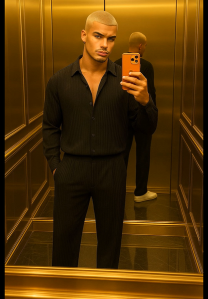 Men’s Thin Knit Two-Piece Set – Solid Color Sexy Shirt & Pants Casual Fashion Outfit