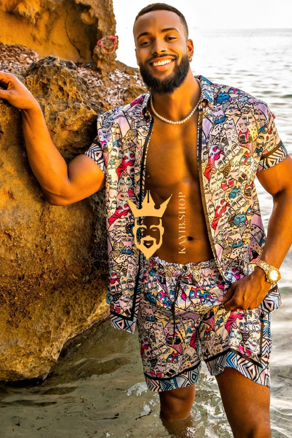 Silk Men's Summer Beachwear Set - Stand Out in Style with Luxurious Baroque-Inspired Design and Ultimate Comfort - kayibstrore