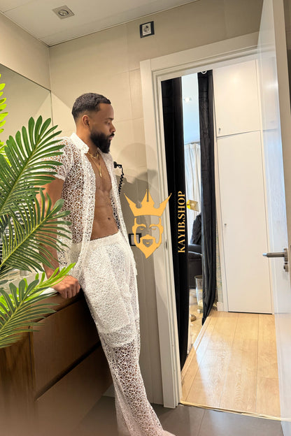 👑 Monarch Lace Set – Mesh Embroidered Shirt & Pant Ensemble - kayibstrore