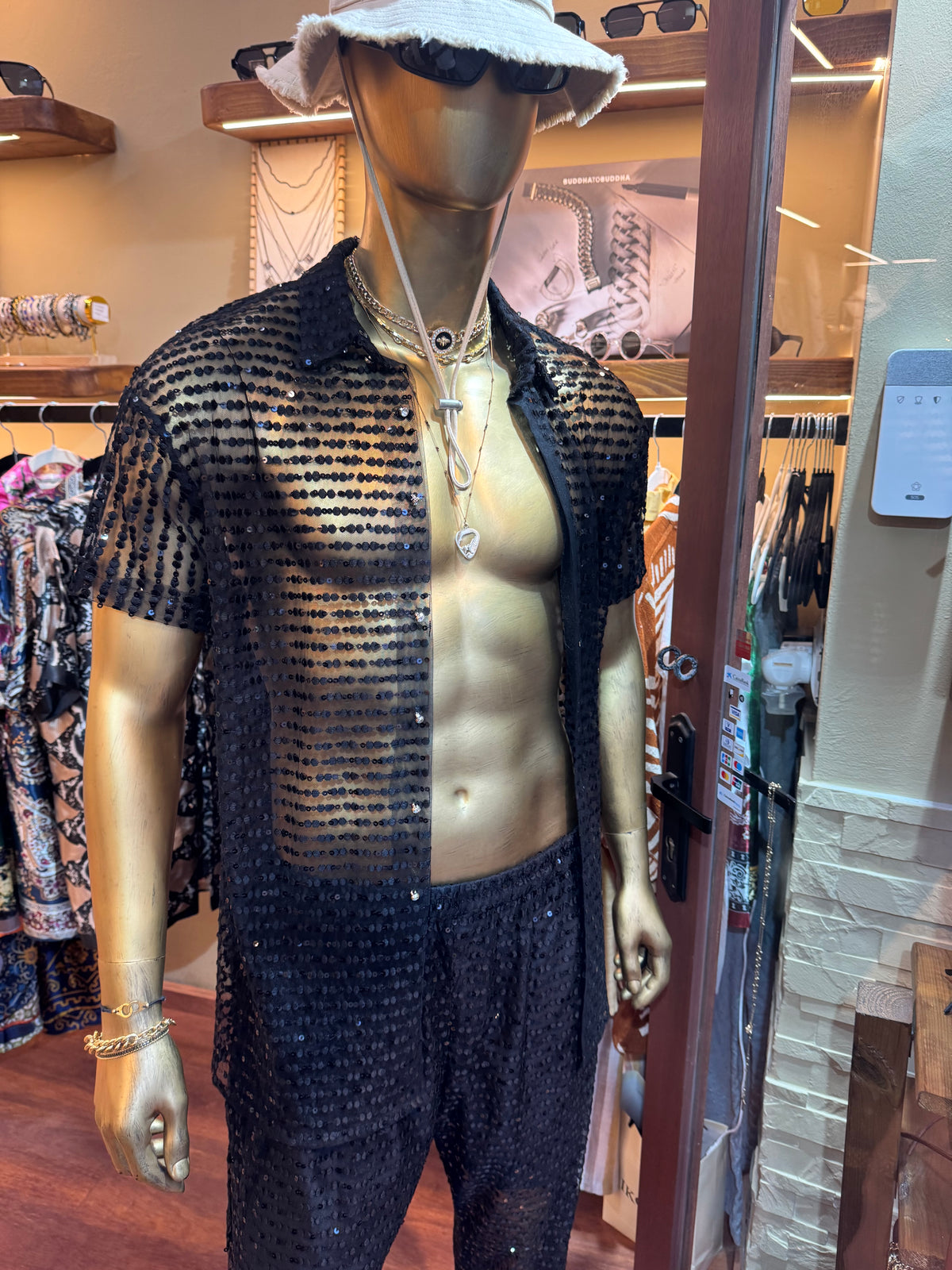 Ultra-Luxury Men’s Set – Silk-Effect Strass Mesh Shirt & Pants - kayibstrore