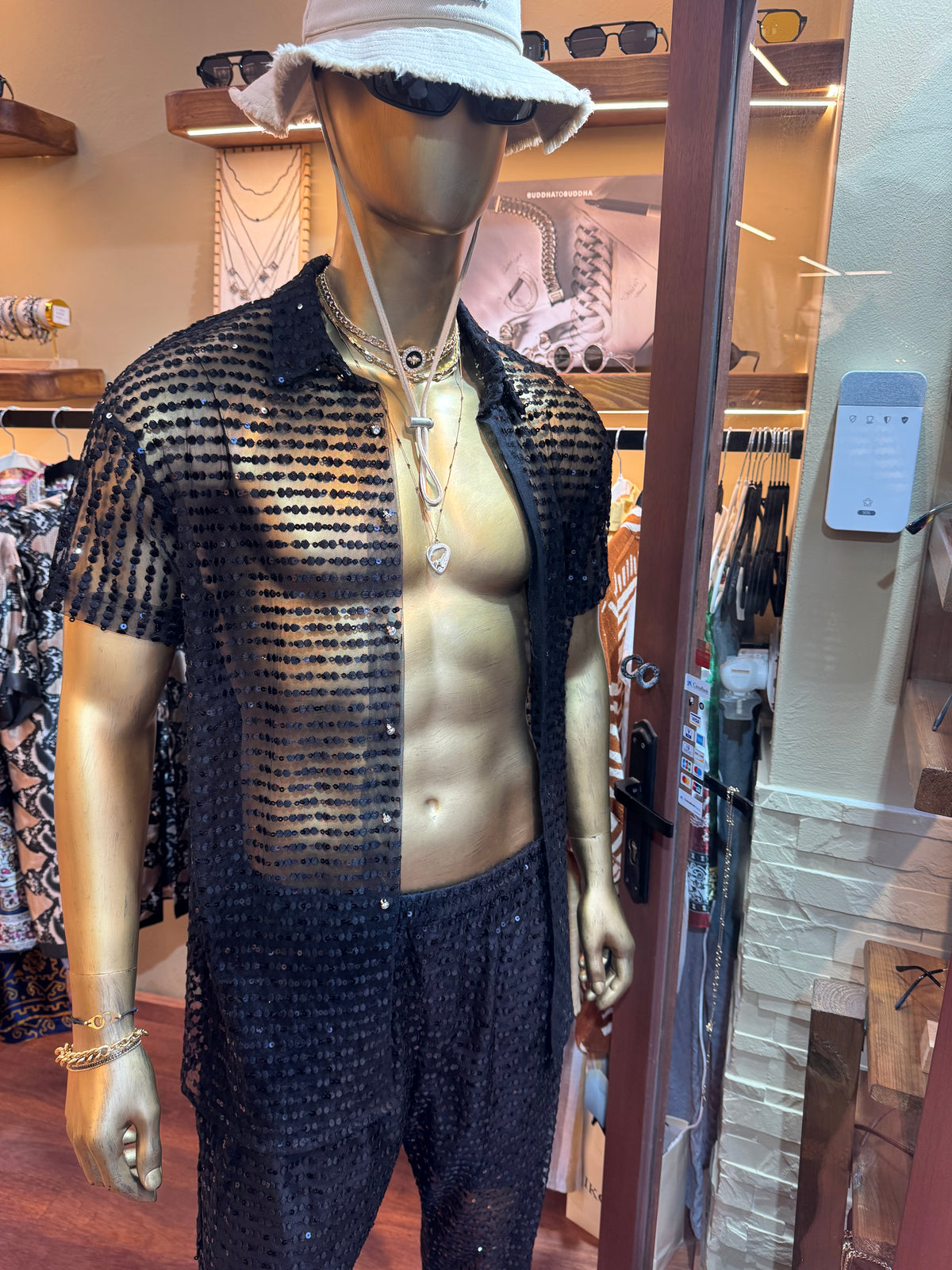 Ultra-Luxury Men’s Set – Silk-Effect Strass Mesh Shirt & Pants - kayibstrore