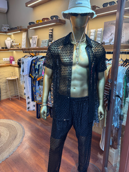 Ultra-Luxury Men’s Set – Silk-Effect Strass Mesh Shirt & Pants - kayibstrore