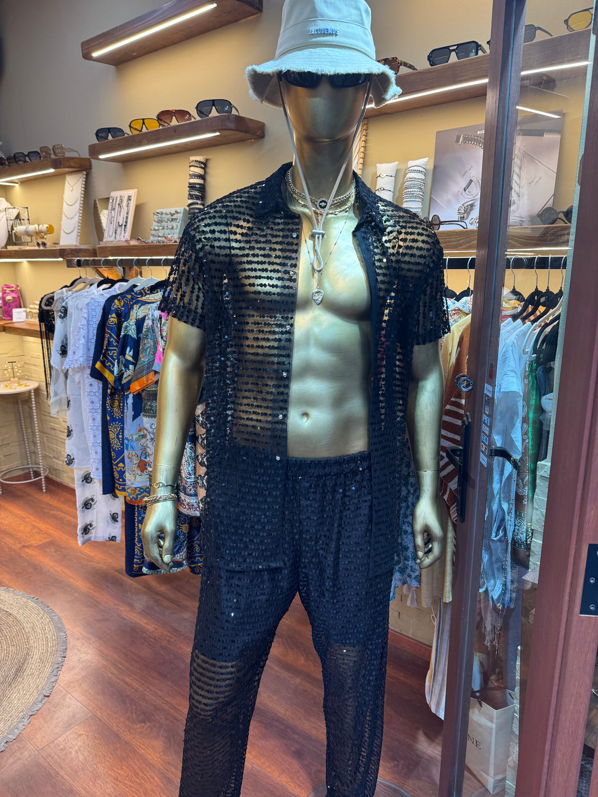 Ultra-Luxury Men’s Set – Silk-Effect Strass Mesh Shirt & Pants - kayibstrore
