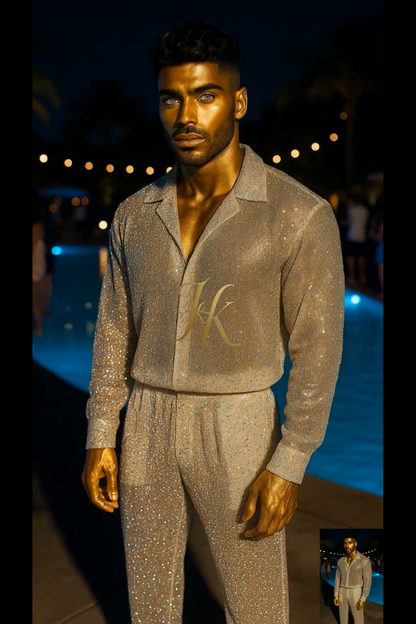 Men’s Premium Embroidered Lace Set – Handmade Beaded Net Fabric with Sequins