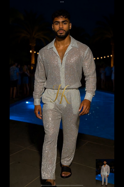 Men’s Luxury Embroidered Lace Set – Handmade Beaded Net Fabric with Sequins