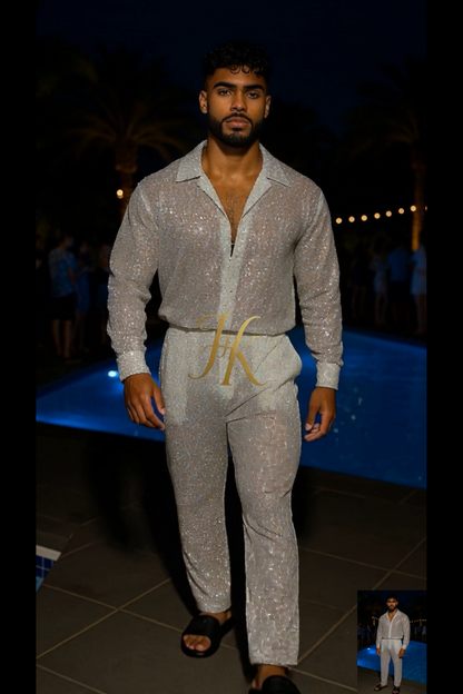 Men’s Luxury Embroidered Lace Set – Handmade Beaded Net Fabric with Sequins