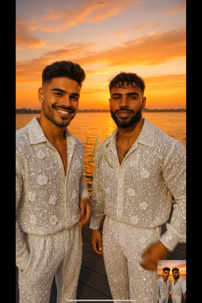 Men’s Luxury French Embroidered Lace Set – Handmade Pearls & Sequins Tulle Shirt and Pants