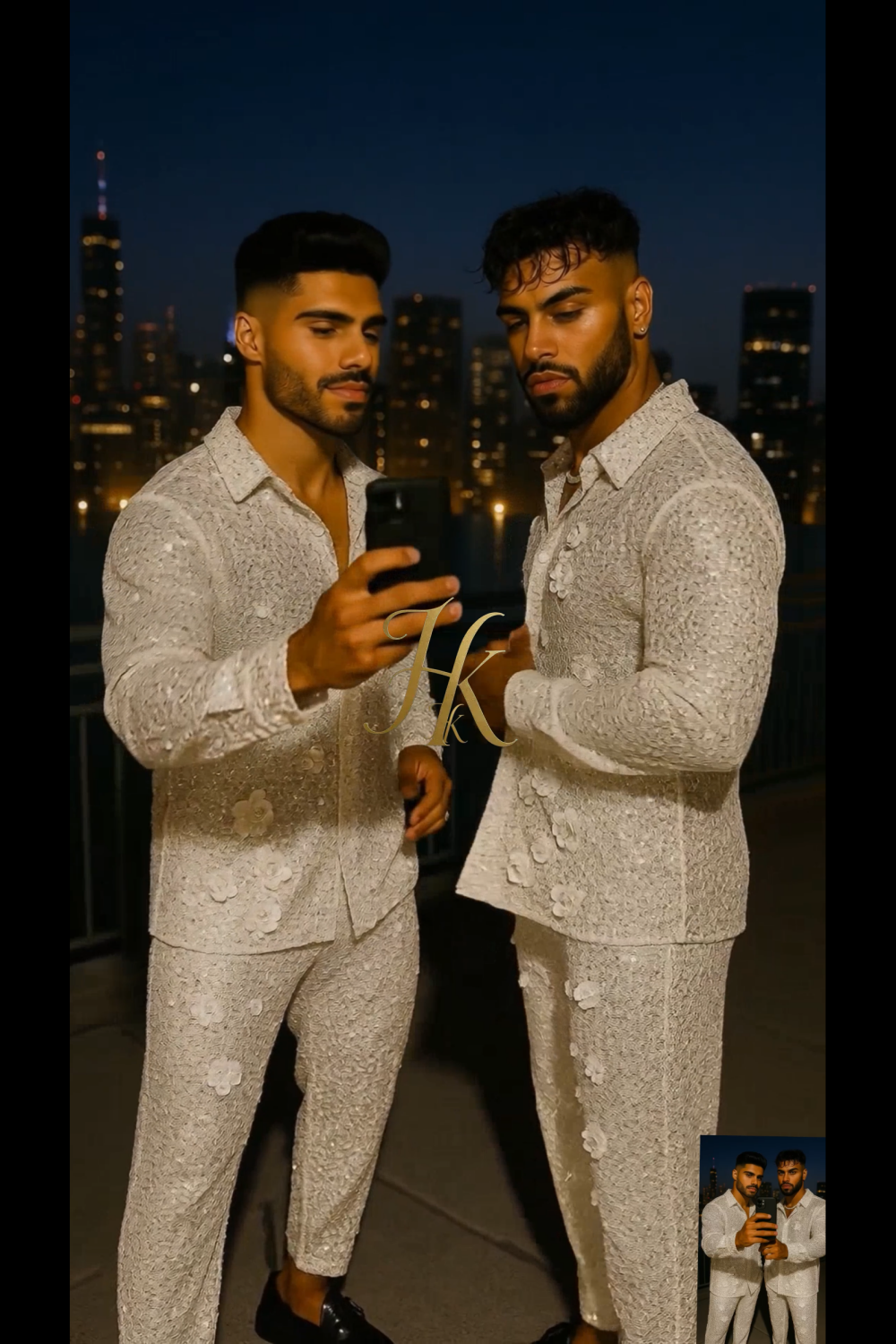 Men’s Luxury French Embroidered Lace Set – Handmade Pearls & Sequins Tulle Shirt and Pants