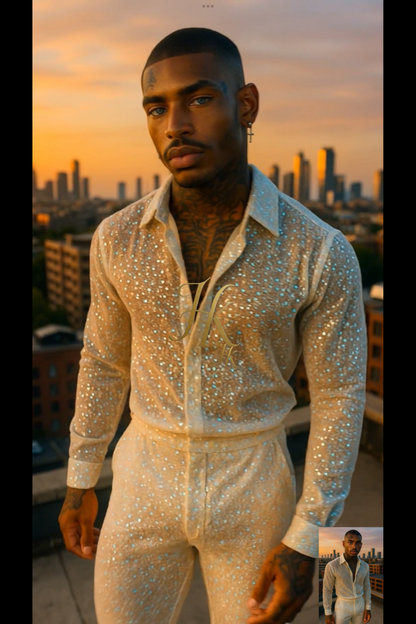 Men’s Luxury Embroidered Lace Set – Handmade Beaded Net Fabric with Sequins