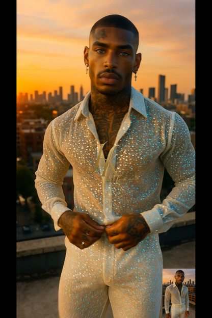 Men’s Luxury Embroidered Lace Set – Handmade Beaded Net Fabric with Sequins