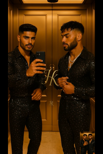 Men’s Premium Glitter Set – Hot Stamped Diamond Net Fabric Shirt & Pants