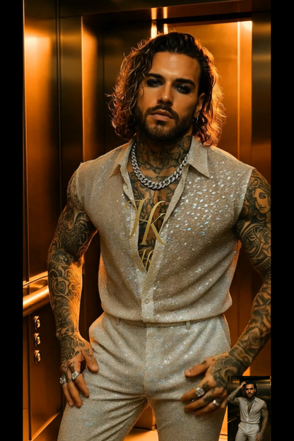 Men’s Premium Embroidered Lace Set – Handmade Beaded Net Fabric with Sequins