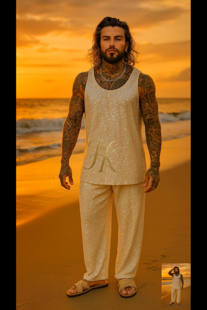 Men’s Luxury Ivory Velvet Set – Stretch Sequin Fabric Tank Top & Pants