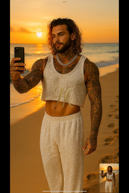 Men’s Luxury Ivory Velvet Set – Stretch Sequin Fabric Tank Top & Pants