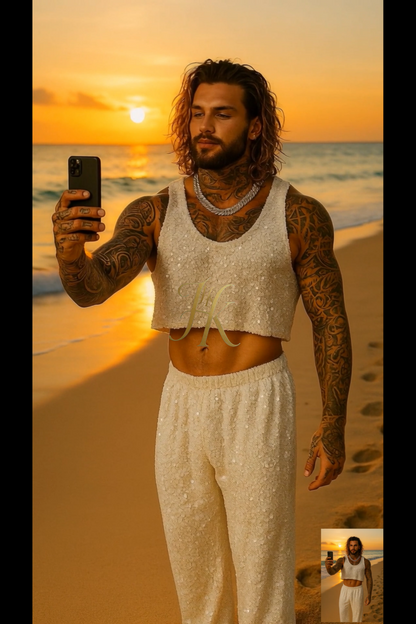 Men’s Luxury Ivory Velvet Set – Stretch Sequin Fabric Tank Top & Pants