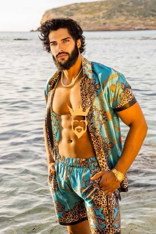 Luxurious Barocco Print Set - The Ultimate Summer Beachwear Silk Outfit for Men