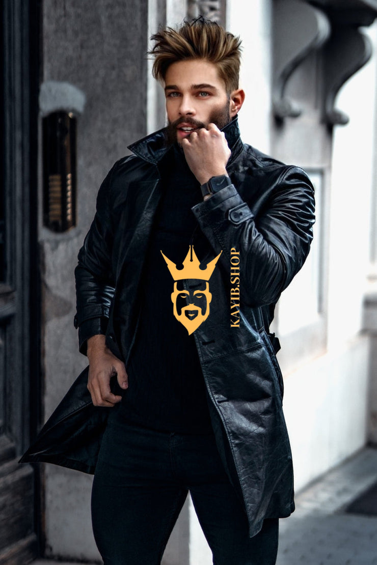 Premium Long Knee Leather Windbreaker for Men | British-Style Double-Breasted Coat - kayibstrore