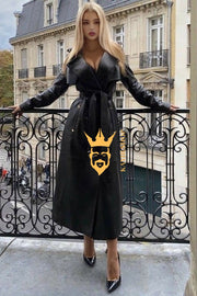 Autumn Elegance: Extra Long Oversized Black Faux Leather Trench Coat for Women - Trendsetting Fashion with Double-Breasted Style, Long Sleeves, and Cinch Belt - kayibstrore