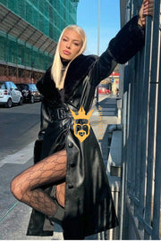 Women's Faux Leather Long Coat Jacket with Faux Fur Collar - Luxurious Elegance for Every Occasion - kayibstrore
