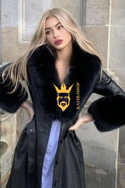 Women's Faux Leather Long Coat Jacket with Faux Fur Collar - Luxurious Elegance for Every Occasion - kayibstrore