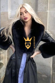 Women's Faux Leather Long Coat Jacket with Faux Fur Collar - Luxurious Elegance for Every Occasion - kayibstrore