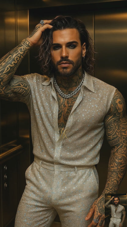 Men’s Premium Embroidered Lace Set – Handmade Beaded Net Fabric with Sequins