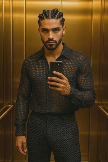 Men’s Metallic Mesh Outfit Set – 3D Foil Textured Shirt & Pants in Luxury Interwoven Fabric