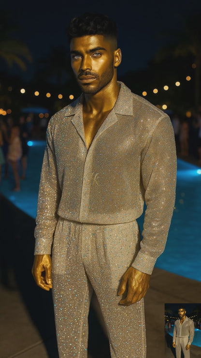 Men’s Premium Embroidered Lace Set – Handmade Beaded Net Fabric with Sequins