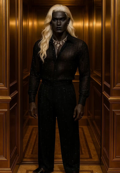 Men’s Premium Lace Set – French Tulle with Sequins & Beaded Embroidery Shirt and Pants