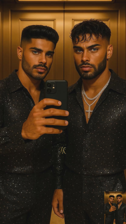Men’s Premium Glitter Set – Hot Stamped Diamond Net Fabric Shirt & Pants