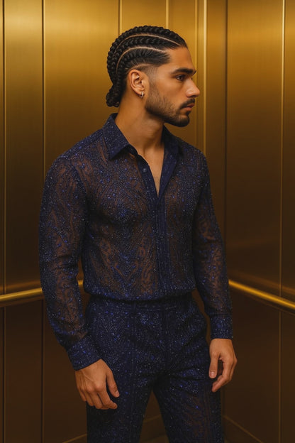 Men’s Luxury Lace Set – French Tulle with Sequins & Beaded Embroidery Shirt and Pants