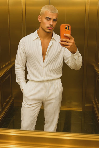 Men’s Thin Knit Two-Piece Set – Solid Color Sexy Shirt & Pants Casual Fashion Outfit