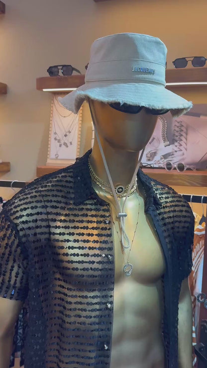 Ultra-Luxury Men’s Set – Silk-Effect Strass Mesh Shirt & Pants