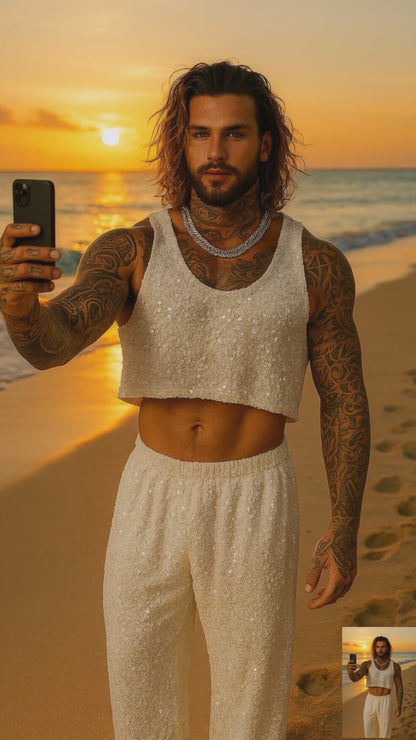 Men’s Luxury Ivory Velvet Set – Stretch Sequin Fabric Tank Top & Pants