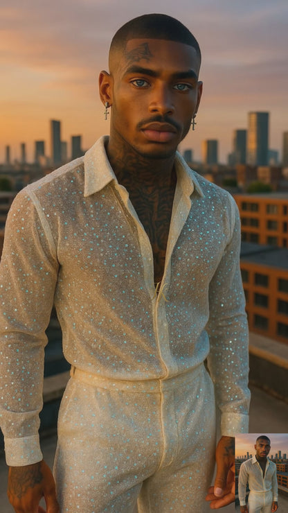 Men’s Luxury Embroidered Lace Set – Handmade Beaded Net Fabric with Sequins