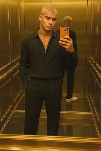 Men’s Thin Knit Two-Piece Set – Solid Color Sexy Shirt & Pants Casual Fashion Outfit